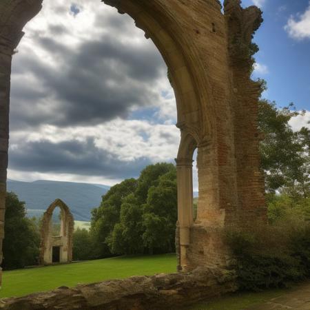 01263-78984071-, a photo of amazingarchitecture, The ruins of an old church with a stained glass window and arched doorway, surrounded by trees..jpg